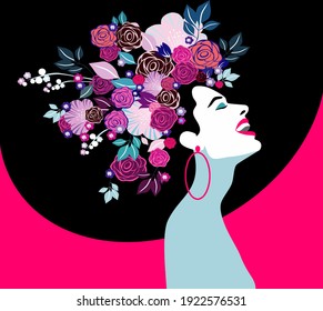 Vector illustration of a beautiful woman with hat and flowers in hair. Concept  for fashion, summer holiday, wedding, anniversary, birthday party in  pop art, retro, vintage style