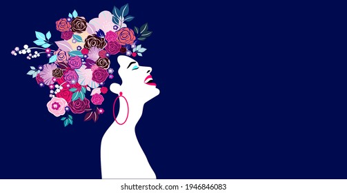 Vector illustration of a beautiful woman with hat and flowers in hair. Concept  for fashion, summer holiday, wedding, anniversary, birthday party in  pop art, retro, vintage style