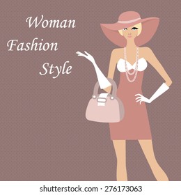 Vector illustration of a beautiful  woman in hat. Fashionable women with a bag. Fashion background. Vintage design