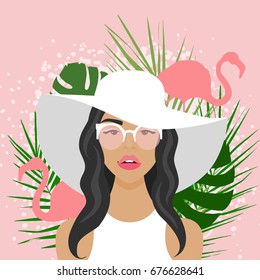 Vector illustration with beautiful woman with hat, sunglasses, flamingo and palm leaves in flat style. Website avatar or fashion girl symbol.