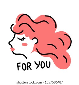 Vector illustration of beautiful woman head with red hair and close eye on white color background. Line art style design for web, site, banner, greeting card, poster