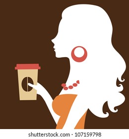 A vector illustration of a beautiful woman holding a take away coffee