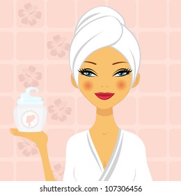 A vector illustration of a beautiful woman holding a moisturizing cream