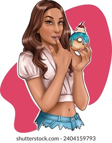 Vector illustration of beautiful woman holding donut with red cherry and blue cream
