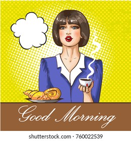 Vector illustration of beautiful woman holding cup of coffee, good morning lettering and thought bubble. Coffee time concept design element in retro pop art comic style.