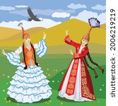 Vector illustration. A beautiful woman in a Kazakh national costume, against the background of a mountain landscape, a yurt and horses