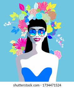 Vector illustration of a beautiful woman laughing with sunglasses and flowers on hair. Concept  for summer holiday, wedding. Design for banner, poster, card, invitation. Pop art, retro, vintage.