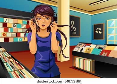 A vector illustration of beautiful woman listening music in a music store