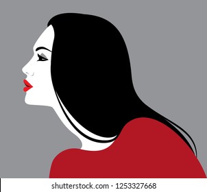 Vector Illustration Of Beautiful Woman With Long Black Hair, Profile