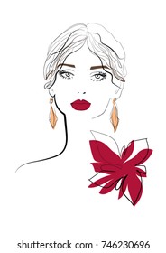 vector illustration of a beautiful woman with loose hair, pink lips, earrings and a pink flower. fashion icon