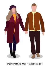 Vector illustration of a beautiful woman and a man in trendy autumn clothes isolated on a white background. A man and a woman are holding hands. Characters in trending flat cartoon style