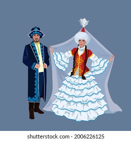 Vector illustration. Beautiful woman and man in Kazakh national costumes, with additional ornaments, wedding invitation