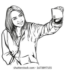 Vector illustration of beautiful woman with mobile phone, girl doing selfie, vector hand drawn sketch illustration isolated on white background