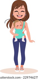 Vector illustration of beautiful woman with newborn in baby wearing system. Maternity love concept