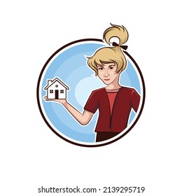 vector illustration of a beautiful woman offering a house, logo design cartoon