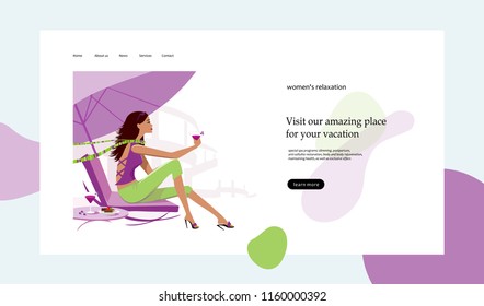 vector illustration of a beautiful woman on vacation and a party, web page for resorts, spa and magazines, girl is resting on a deckchair with a glass in her hand