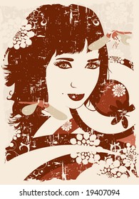 Vector illustration.  The beautiful woman on the grunge background.