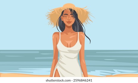 Vector illustration of a beautiful woman on a tropical beach wearing a straw hat and white dress. Sunlit face, relaxed expression and warm summer tones create a vacation and travel aesthetic.