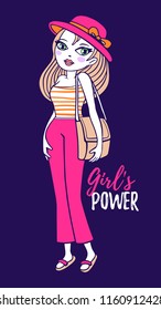 Vector illustration of a beautiful woman in a pink trousers, blouse, hat with shoulder handbag and text. Hand drawn flat line art style of model girl for web, site, card, poster