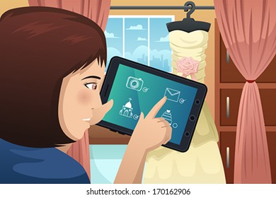 A vector illustration of beautiful woman planning her wedding