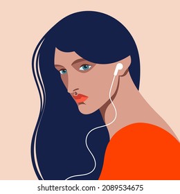 vector illustration of a beautiful woman in profile with earphones in her ears listening to a podcast, audio book or online music in trendy colors. useful for advertising music channels or podcasts.