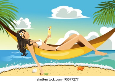A vector illustration of a beautiful woman relaxing on a hammock on the beach
