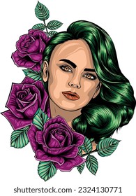vector illustration of beautiful woman with roses flowers