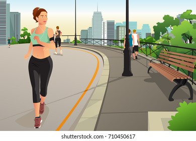 A vector illustration of Beautiful Woman Running in a Park in the City