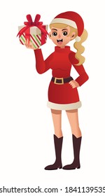 Vector Illustration of Beautiful woman in Santa Claus costume. Merry Christmas . Cute cartoon character.
