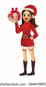 Vector Illustration of Beautiful woman in Santa Claus costume. Merry Christmas . Cute cartoon character.