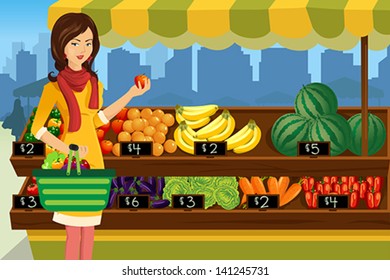 A Vector Illustration Of Beautiful Woman Shopping In An Outdoor Farmers Market