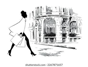 Vector illustration Beautiful woman with shopping bags walks at the street. Happy lifestyle, season discounts and sales concept