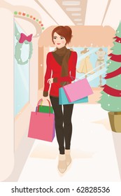 A vector illustration of a beautiful woman shopping during Christmas season