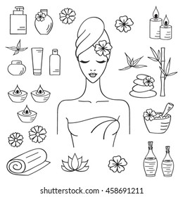 Vector illustration of Beautiful woman spa treatment.  Beauty procedures and wellness  icons set  with herbal cosmetics, aroma candles, stones and bamboo, isolated on white background, hand drawn.