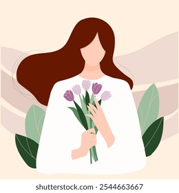 Ilustração vetorial linda mulher, primavera, flor, buquê de tulipa, presente, 8 de março, Dia das Mães, Dia dos Namorados, romance, amor, ternura, design floral, flores de verão, primavera