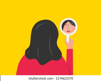 Vector illustration of a beautiful woman staring at her reflection in a mirror. Mirror shows woman's lovely face. Self Love/Confidence Concept