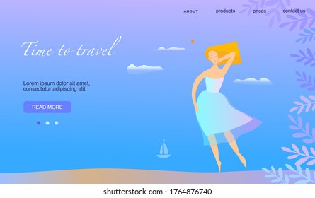 Vector illustration, Beautiful woman. Summer landscape. Template for landing page