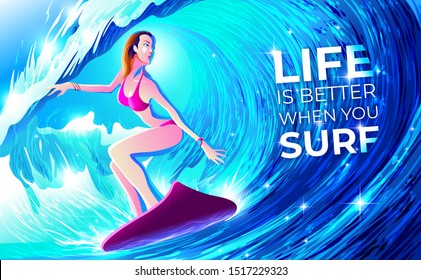 A Vector Illustration Of A Beautiful Woman Surfing In The Wave Tunnel On A Beautiful Day.