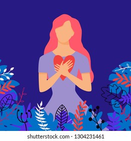 Vector illustration with beautiful woman surrounded by plants holding heart. 