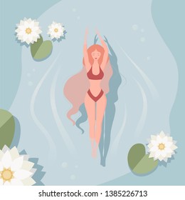 Vector illustration of beautiful woman swimming on river with lotus flowers. Relax concept.  Swimming girl on vacation.  Young girl in bikini model at summer holiday idyllic. Cartoon design.