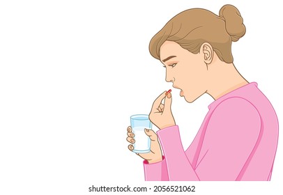 Vector illustration of beautiful woman taking vitamin pill, medicine or capsule with glass of water, in front of her mouth for medical health care, on white, Medication and health care concepts