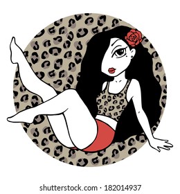Vector illustration. Beautiful woman with tattoo and leopard background. Rockabilly style.