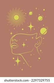 Vector illustration of a beautiful woman in universe. Female fantasy concept.