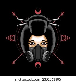 vector illustration of beautiful woman using gas mask