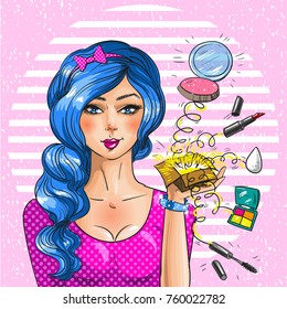 Vector illustration of beautiful woman visagiste with box full of makeup. Professional make-up artist in retro pop art comic style.