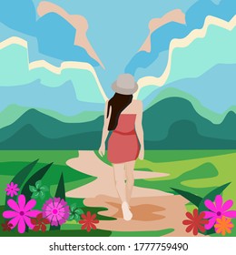 Vector illustration of a beautiful woman walking in a nature path With the sky and mountains in the background.flat character design.