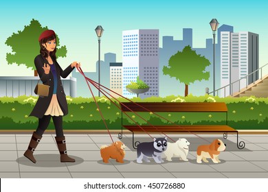 A vector illustration of beautiful woman walking with her dogs in the city