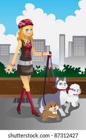 A vector illustration of a beautiful woman walking her dogs