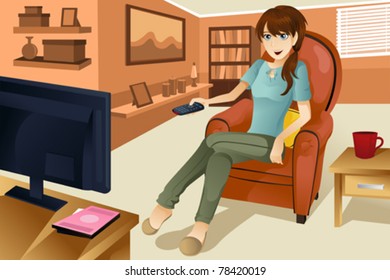 A vector illustration of a beautiful woman watching television at home.  Part of "A Day In Life" series