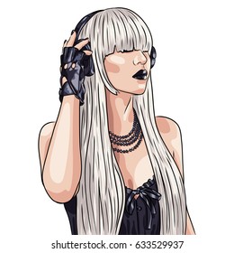 vector illustration of beautiful woman wearing white wig and headphones. EPS